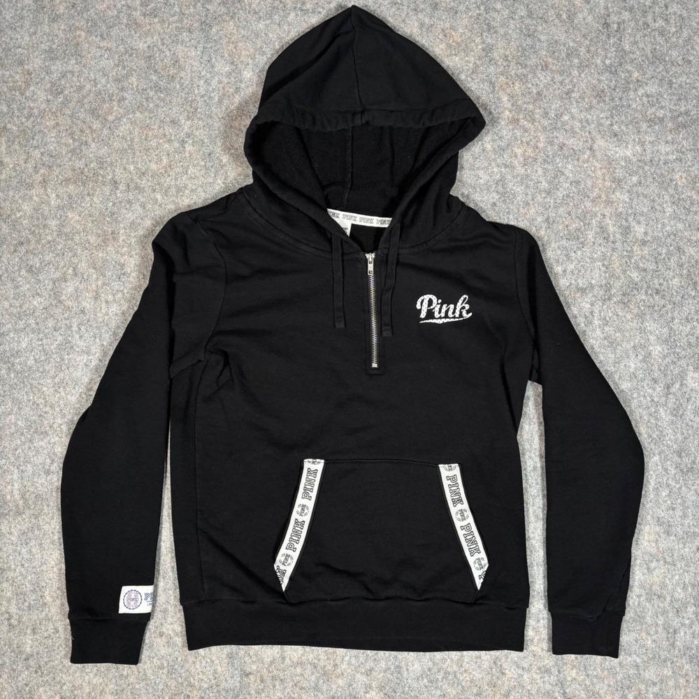 PINK Victorias Secret Half Zip Hoodie Women M Black Tape Pullover Sweatshirt y2k